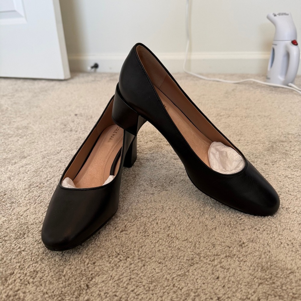 Cole Haan Go-To Shayla Pump Black Leather Block Heel Womens 6.5B Almond Toe - Picture 2 of 7